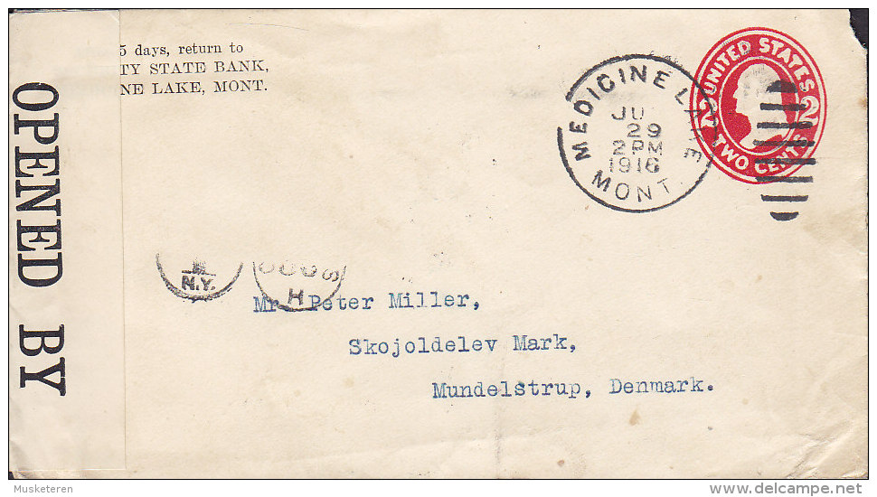 United States Postal Stationery COUNTY STATE BANK, MEDICINE LAKE Mont 1916 MUNDELSTRUP Denmark VERY SCARCE Censor Zensur - 1901-20
