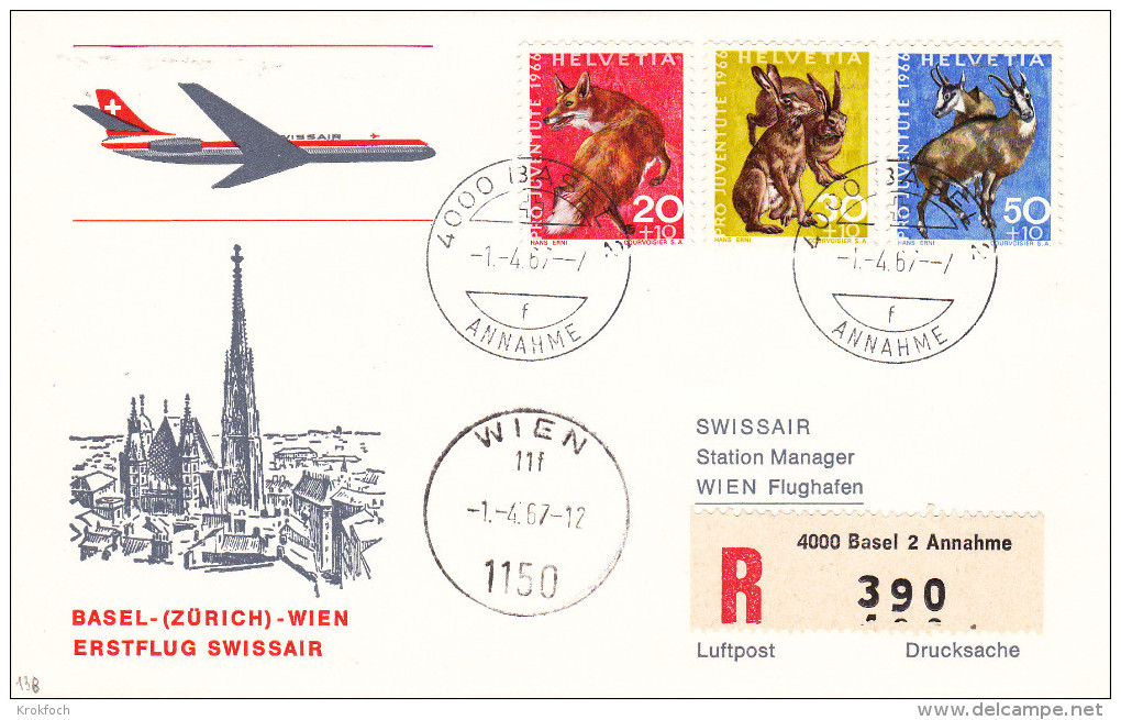 Basel Zurich Wien Par Swissair 1967 - 1er Vol Erstflug Inaugural Flight -  Autriche  Suisse Bale - First Flight Covers