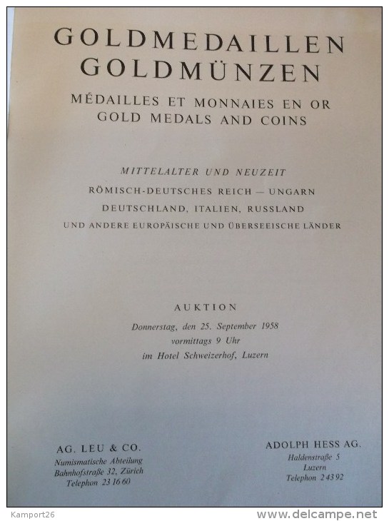 Gold Medals Coins GOLDMEDAILLEN Roman-German Reich ADOLPH HESS AG LUZERN Médailles D'or Et De Pièces De Monnaie - Cataloghi