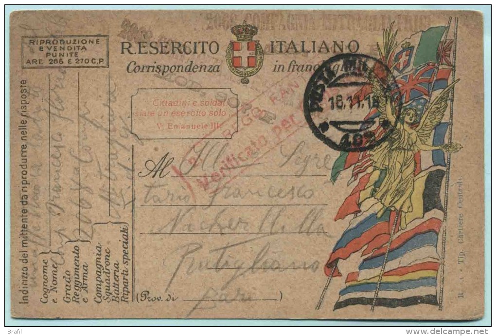 1918 Italia, Franchigia 102 O 402 Da 2068 Compagnia Mitragliatrici A Putignano - Franchise