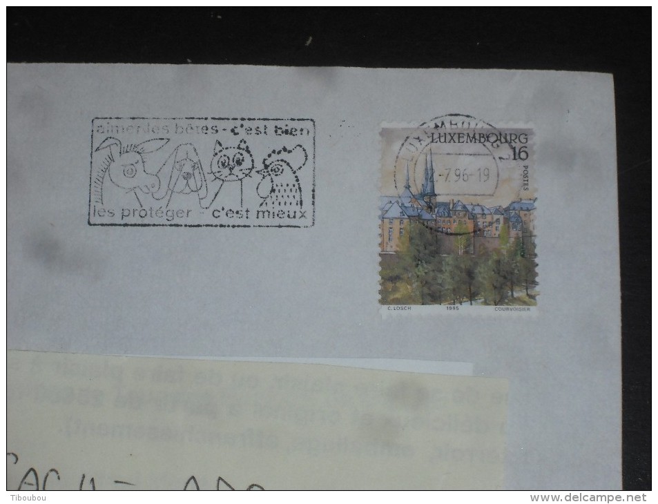 LETTRE LUXEMBOURG AVEC YT 1313 - VUE PANORAMIQUE LUXEMBOURG - FLAMME PROTECTION ANIMAUX ANE CHIEN CHAT COQ POULE - - Storia Postale