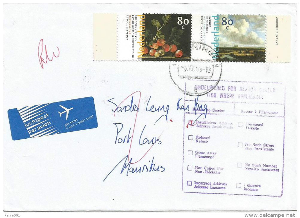 Mauritius Maurice 1999 RLO Port Louis Returned Letter Office Unknown Instructional Handstamp Cover From Netherlands - Mauritius (1968-...)