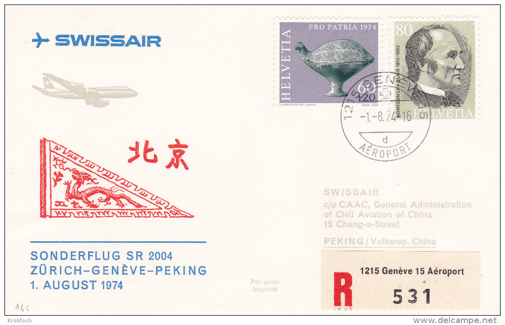 Zurich Genève Pekin 1974 Via Swissair - 1er Vol Erstflug Inaugural Flight - Suisse - China Beijing - Lettres & Documents