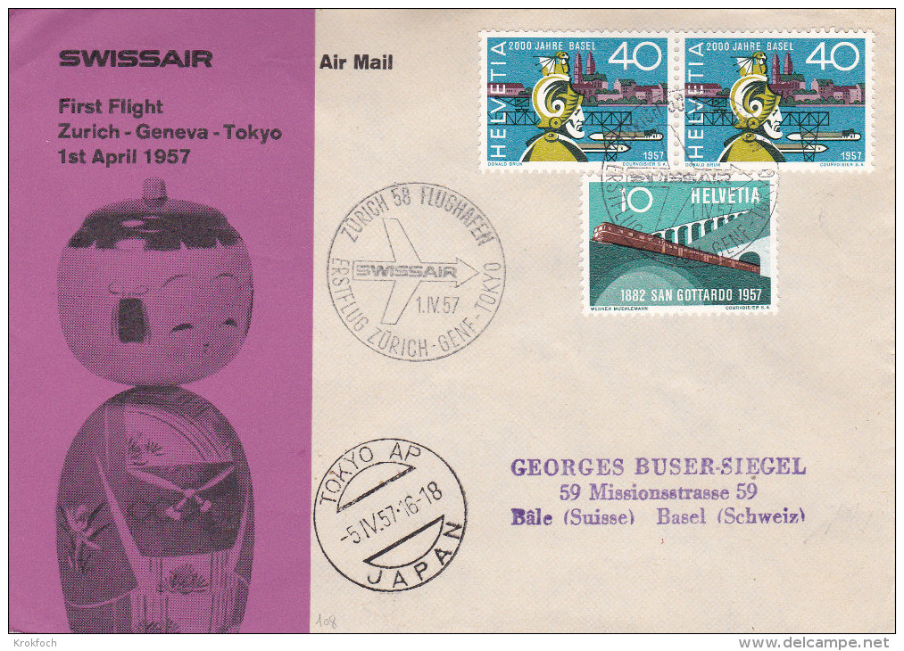 Zurich Genève Tokyo 1957 Via Swissair - 1er Vol Erstflug Inaugural Flight - Suisse - Japan - Lettres & Documents