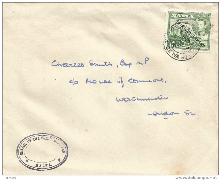 Malta 1948 Prince Of Wales Rd Sliema Office Of The Prime Minister To Westminster Cover - Malta