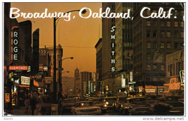 Oakland California, Night Street Scene, Auto, Jeweler Sign, C1960s Vintage Postcard - Oakland