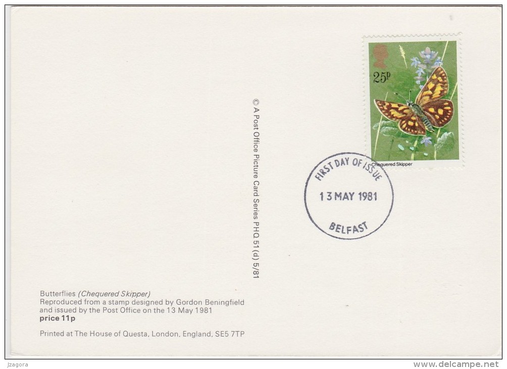 BUTTERFLY SKIPPER - ENGLAND UK GB 1981 PHQ FDC CARD WITH STAMP - INSECTS BUTTERLIES SCHMETTERLINGEN PAPILLONS MARIPOSAS - Mariposas