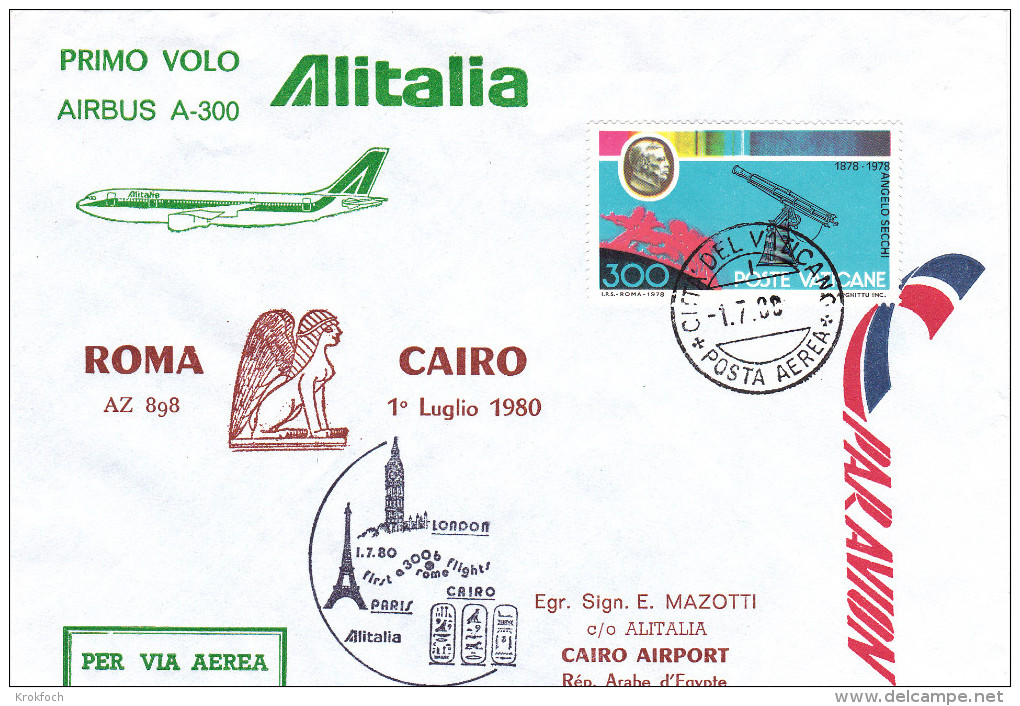 Roma Vaticane Cairo Via Alitalia Airbus 1980 - 1er Vol Erstflug Inaugural Flight - Le Caire Rome Egypt - Lettres & Documents