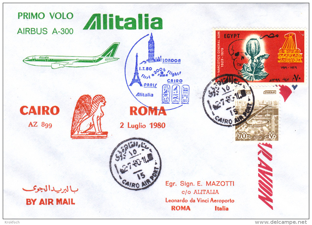 Cairo Roma Via Alitalia Airbus 1980 - 1er Vol Erstflug Inaugural Flight - Le Caire Rome Egypt - Lettres & Documents