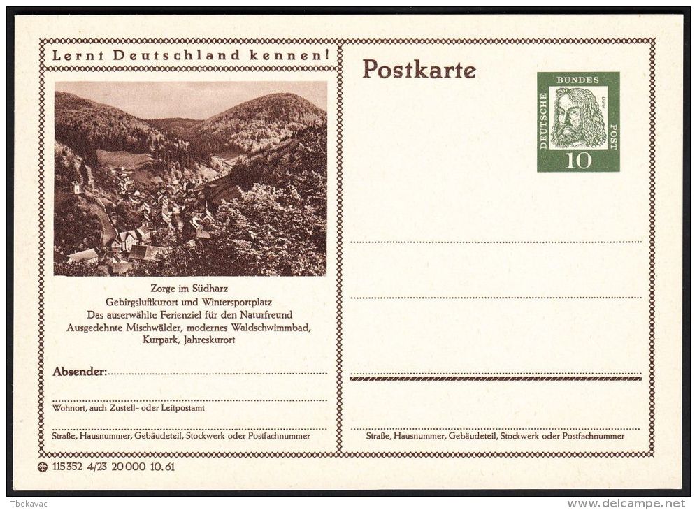 Germany 1961, Illustrated Postal Stationery "Zorge In Südharz", Ref.bbzg - Bildpostkarten - Ungebraucht