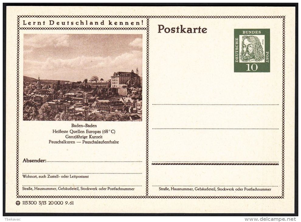 Germany 1961, Illustrated Postal Stationery "Baden-Baden", Ref.bbzg - Postales Ilustrados - Nuevos