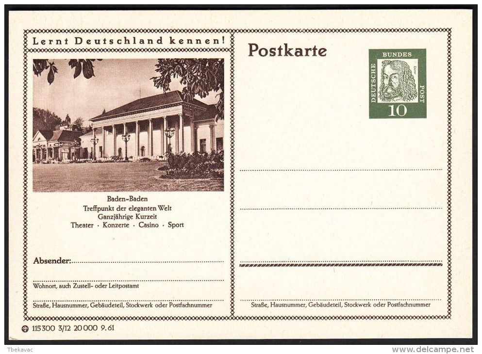 Germany 1961, Illustrated Postal Stationery "Theatre In Baden-Baden", Ref.bbzg - Illustrated Postcards - Mint