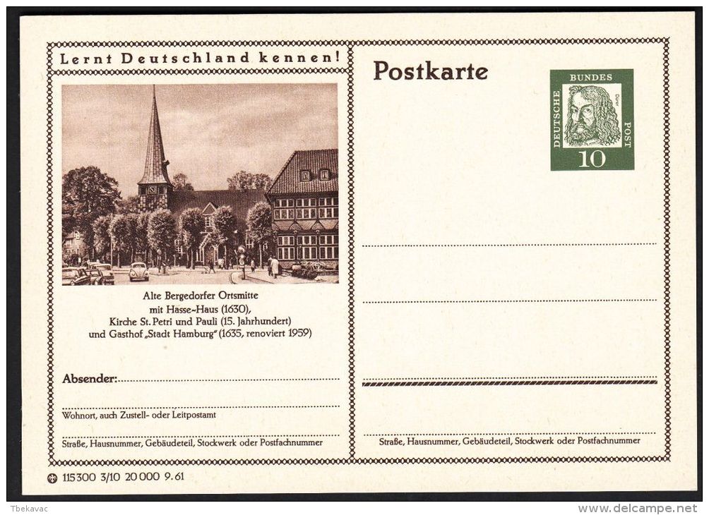 Germany 1961, Illustrated Postal Stationery "Bergedorf Town Center", Ref.bbzg - Illustrated Postcards - Mint