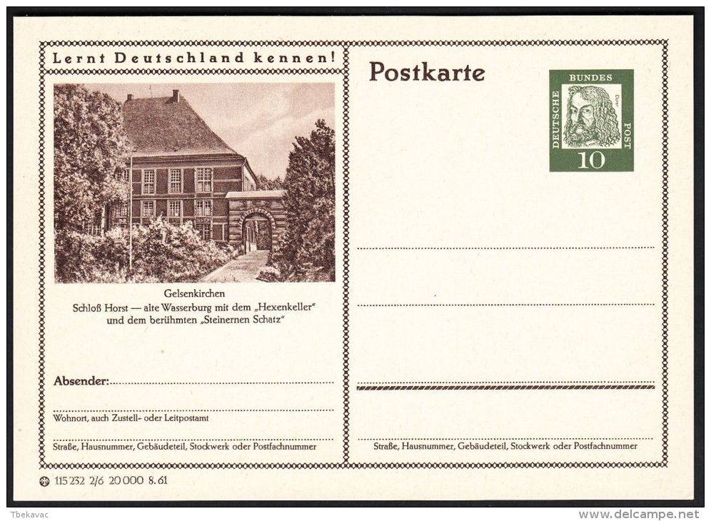 Germany 1961, Illustrated Postal Stationery "Castle Horst In Gelsenkirchen", Ref.bbzg - Cartes Postales Illustrées - Neuves