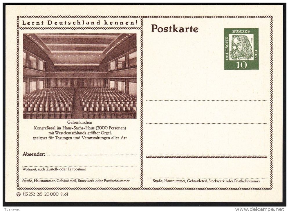 Germany 1961, Illustrated Postal Stationery "Congress Hall In Gelsenkirchen", Ref.bbzg - Cartes Postales Illustrées - Neuves