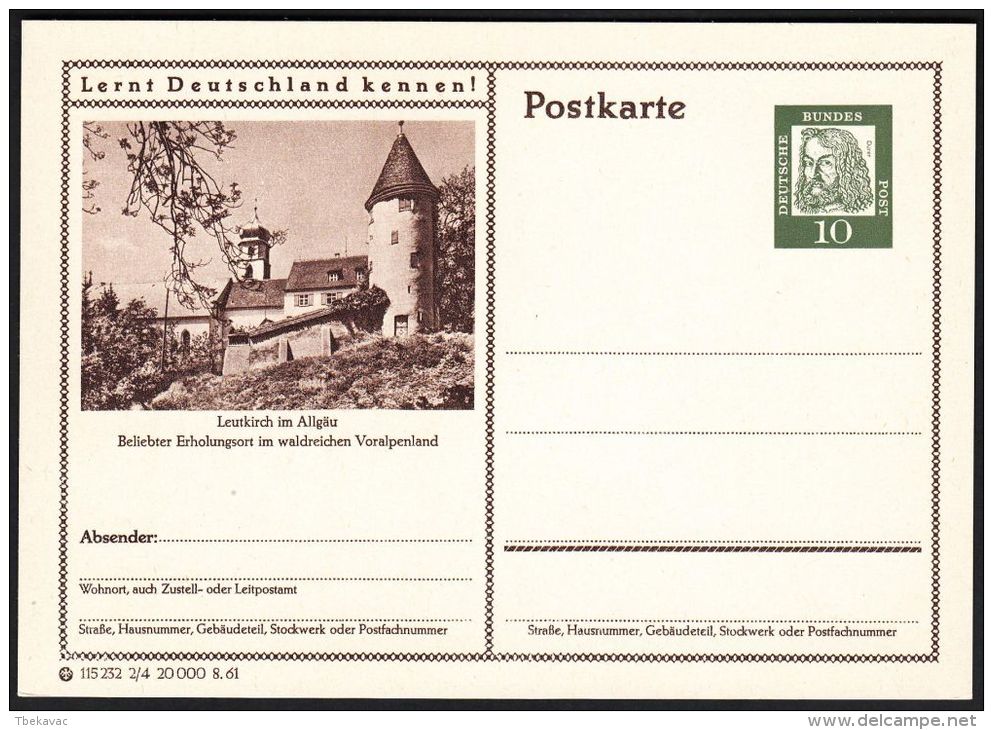 Germany 1961, Illustrated Postal Stationery "Leutkirch In Allgäu", Ref.bbzg - Cartes Postales Illustrées - Neuves