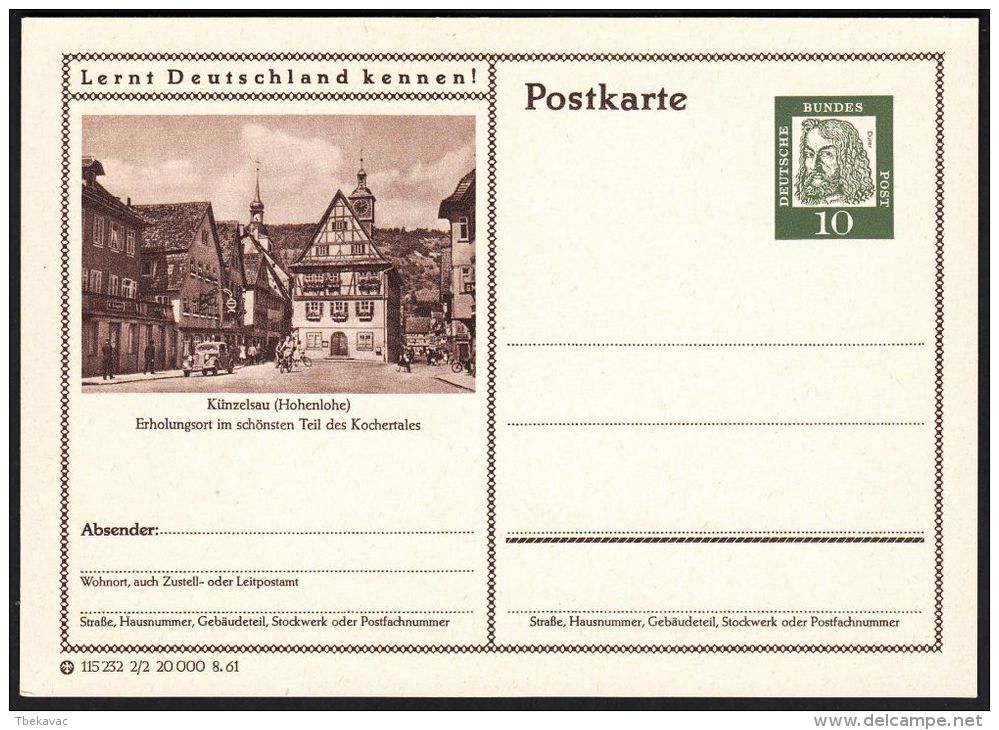 Germany 1961, Illustrated Postal Stationery "Kunzelsau", Ref.bbzg - Cartes Postales Illustrées - Neuves