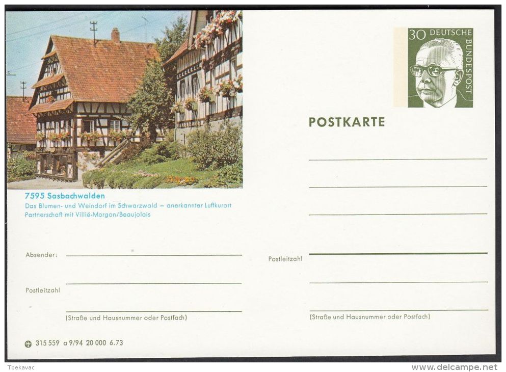 Germany 1973, Illustrated Postal Stationery "Sasbachwalden", Ref.bbzg - Illustrated Postcards - Mint