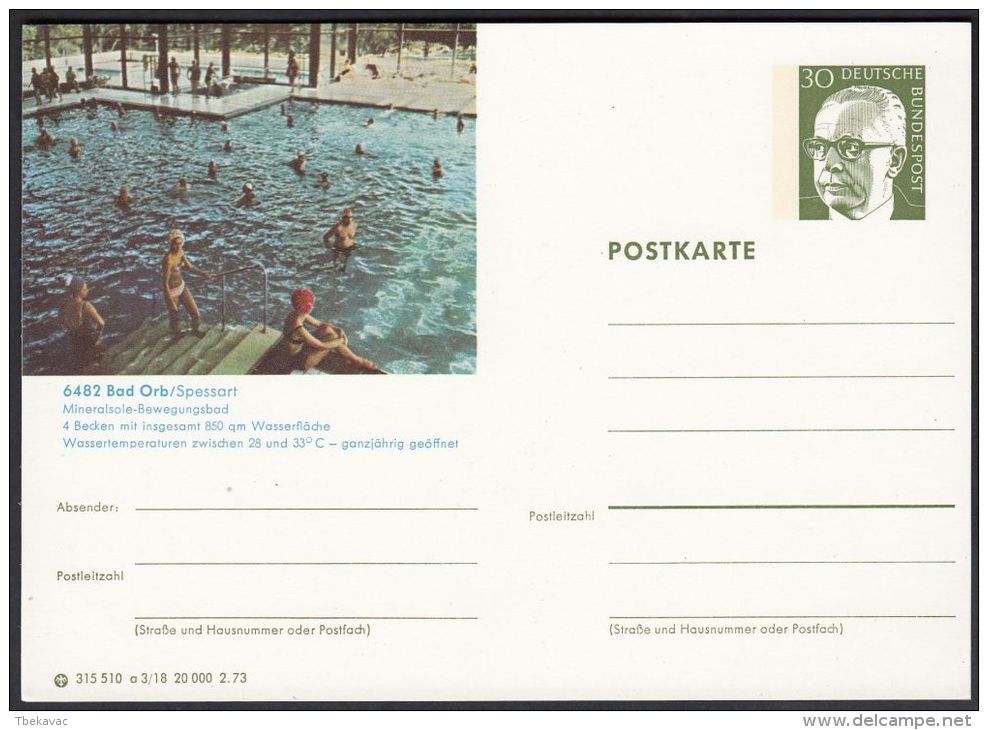 Germany 1973, Illustrated Postal Stationery "Bad Orb Swimming Pool", Ref.bbzg - Illustrated Postcards - Mint