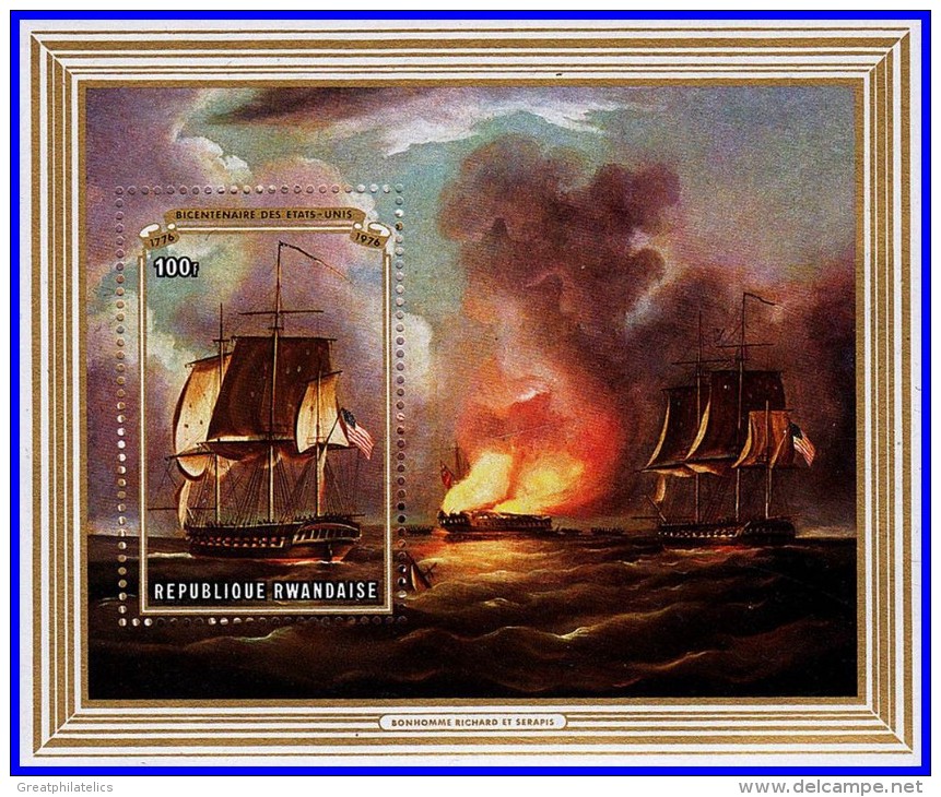 RWANDA 1976 USA REVOLUTION / SAIL SHIP PAINTING SC#730 MNH MILITARY, FIRE (3ALL) - Us Independence