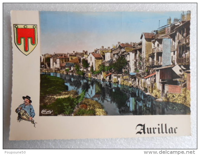 CP 15 Cantal AURILLAC - Vieilles Maisons Sur La Jordanne  + Blason Paysan Musicien Joueur De Vielle  1957 - Aurillac