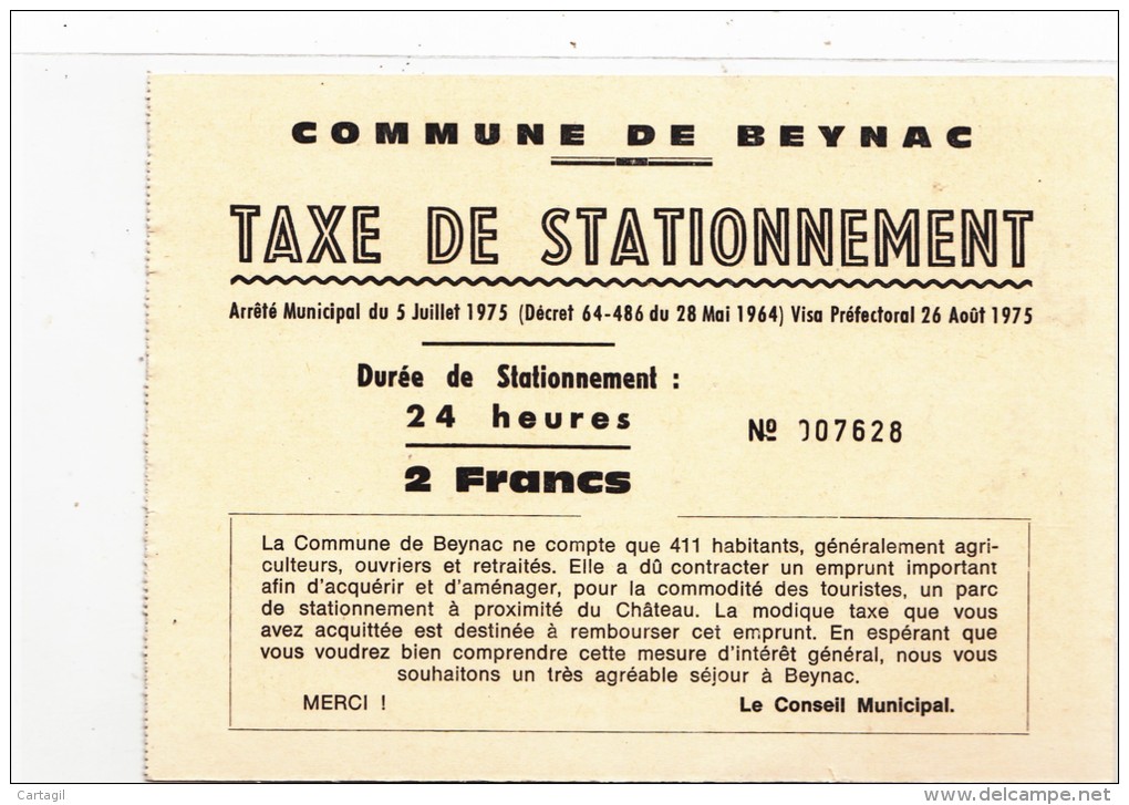VP - B1452 - Intéressant Reçu De Parking De La Commune De Beynac - 2 Scans - Automobilismo