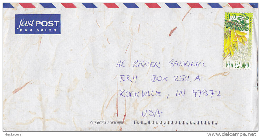 New Zealand FASTPOST Par Avion 1999? Cover To ROCKVILLE Indiana USA $1.00 Kowhai Stamp (Uncancelled) - Luftpost