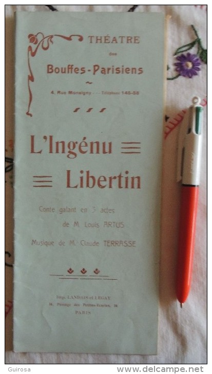 Théâtre Des Bouffes-Parisiens : L&rsquo;Ingénu Libertin Conte Galant En 3 Actes De Louis Artus - Auteurs Français