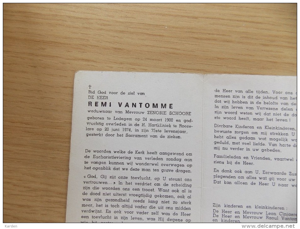 Doodsprentje Remi Vantomme Ledegem 24/3/1900 Roeselare 20/6/1974 ( Zenobie Schoore ) - Religione & Esoterismo