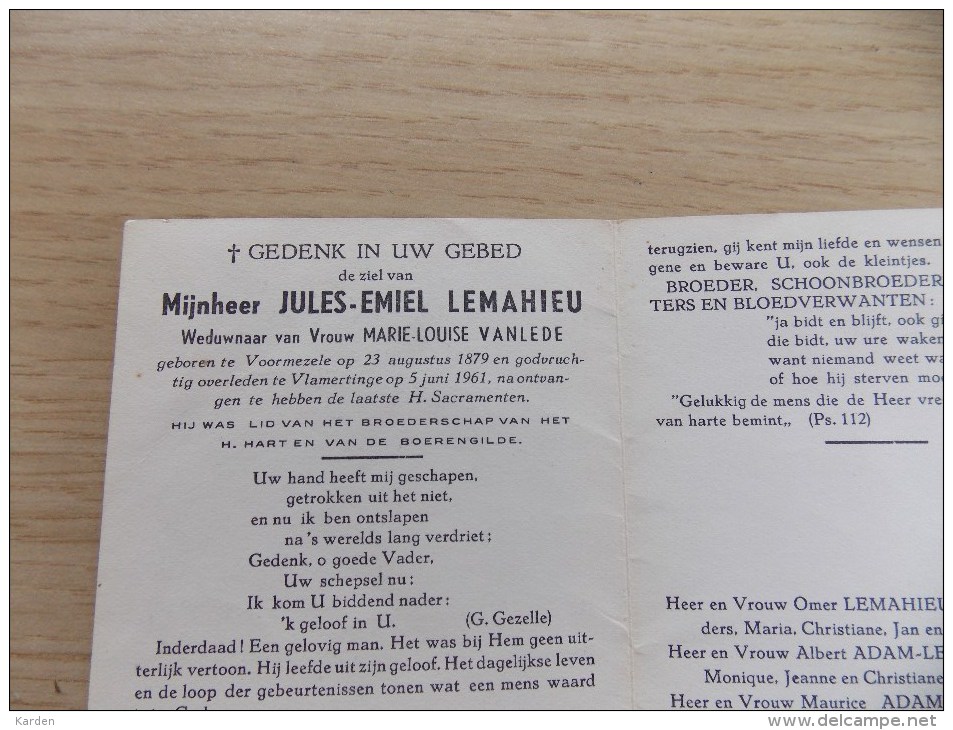 Doodsprentje Jules Emiel Lemahieu Voormezele 23/8/1879 Vlamertinge 5/6/1961 ( Marie Louise Vanlede ) - Religion & Esotericism