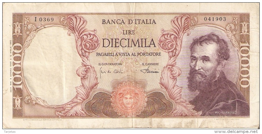 BILLETE DE ITALIA DE 10000 LIRAS DEL AÑO 1968 DE MICHELANGELO (BANKNOTE) - 10000 Lire