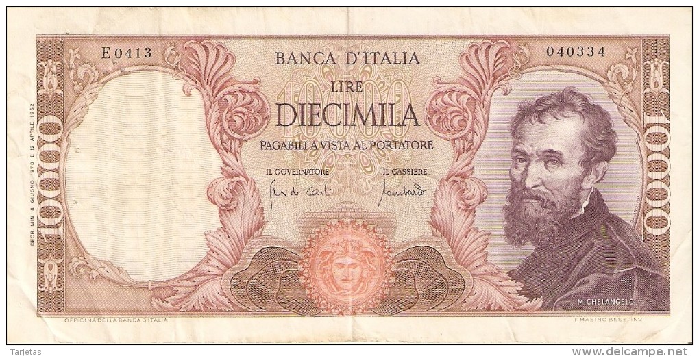 BILLETE DE ITALIA DE 10000 LIRAS DEL AÑO 1970 DE MICHELANGELO (BANKNOTE) - 10000 Lire