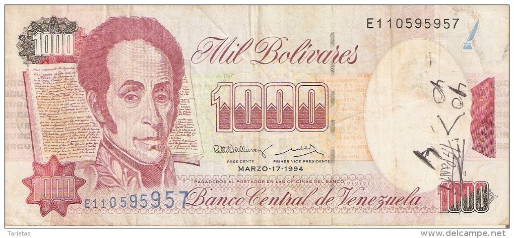 BILLETE DE VENEZUELA DE 1000 BOLIVARES DEL AÑO 1994 (BANKNOTE) - Venezuela