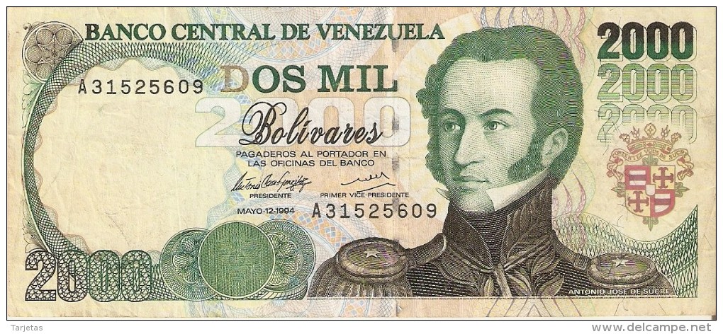 BILLETE DE VENEZUELA DE 2000 BOLIVARES DEL AÑO 1994 (BANKNOTE) RARO - Venezuela