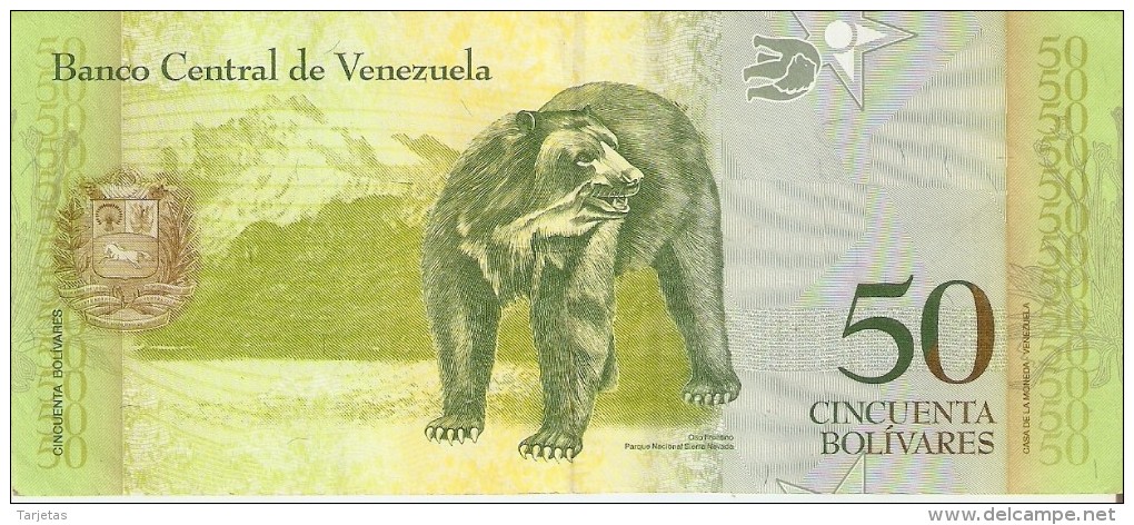 BILLETE DE VENEZUELA DE 50 BOLIVARES DEL 3 SEPTIEMBRE 2009 (BANKNOTE) OSO FRONTINO (BEAR) - Venezuela