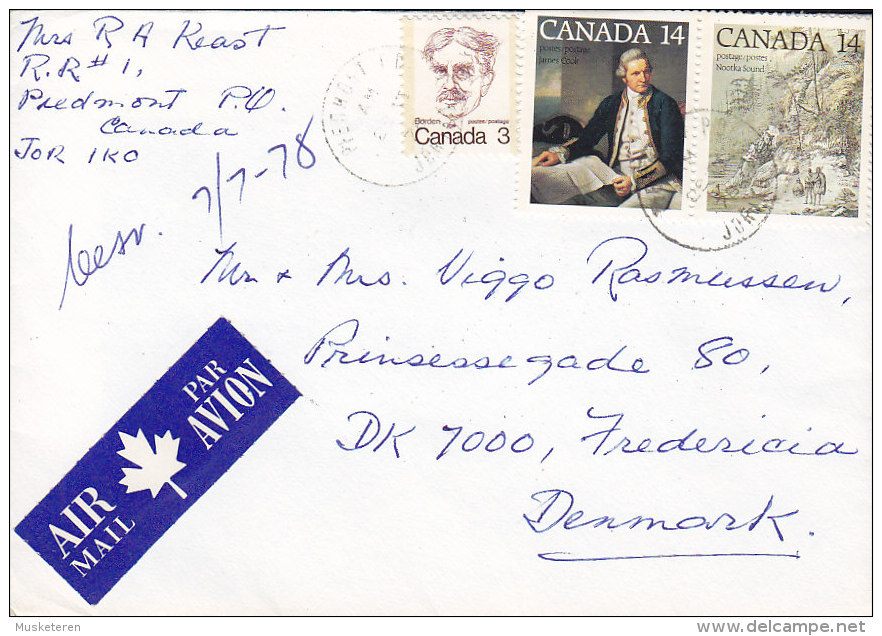 Canada Airmail Par Avion Label PIEDMONT 1978 Cover Lettre To FREDERICIA Denmark Explorer Cook (Pair) & Borden Stamps - Poste Aérienne