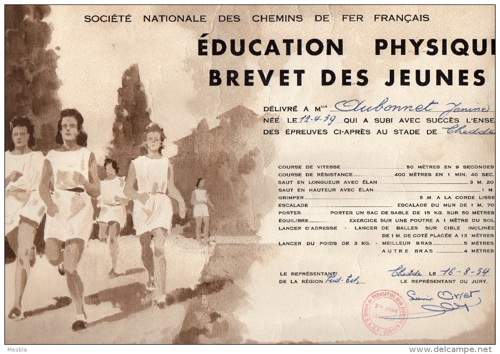 SNCF  - Région Sud - Est  -  EDUCATION  PHYSIQUE -  BREVET  DES JEUNES -  STADE De CHEDDE (74)   Aout 1954. - Diplômes & Bulletins Scolaires