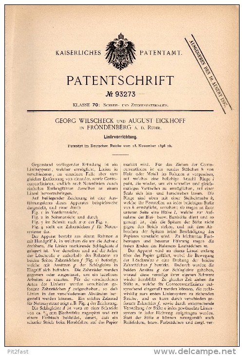 Original Patent - G. Wilscheck Und A. Eickhoff In Fröndenberg A.d. Ruhr , 1896 ,  Liniervorrichtung , Architekt !!! - Historische Dokumente