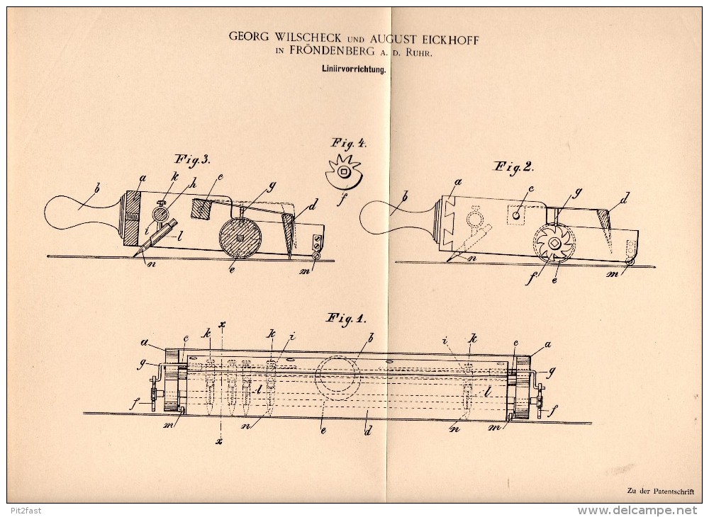 Original Patent - G. Wilscheck Und A. Eickhoff In Fröndenberg A.d. Ruhr , 1896 ,  Liniervorrichtung , Architekt !!! - Historische Dokumente