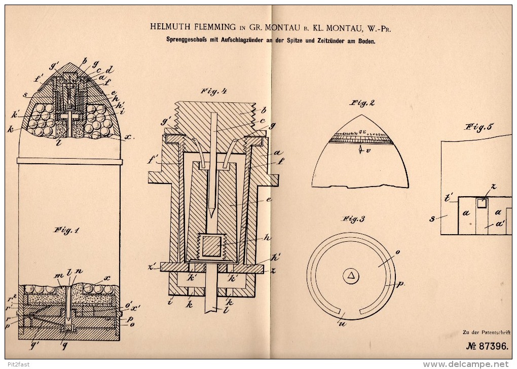 Original Patent - H. Flemming In Groß Montau , Westpreussen , 1895 , Sprenggeschoss , Bombe , Malbork , M&#261;towy Wie - Westpreussen
