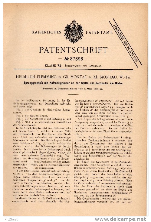 Original Patent - H. Flemming In Groß Montau , Westpreussen , 1895 , Sprenggeschoss , Bombe , Malbork , M&#261;towy Wie - Westpreussen