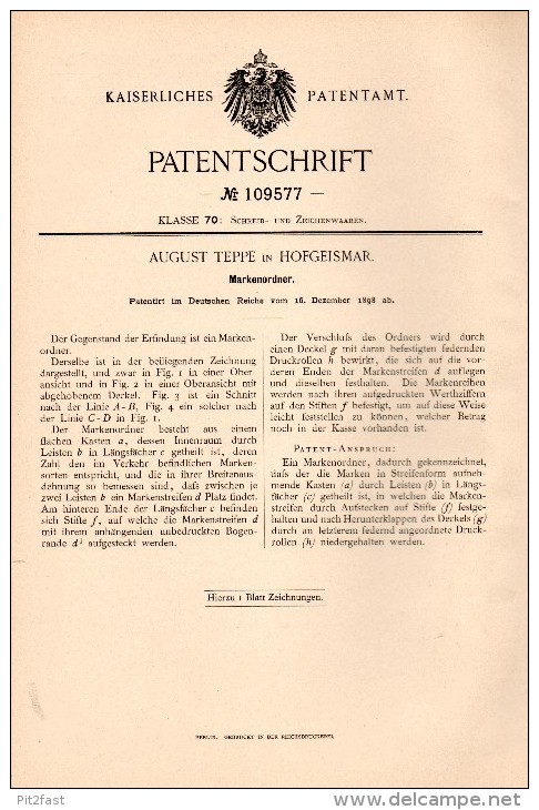 Original Patent - August Teppe In Hofgeismar , 1898 , Ordner Für Marken , Briefmarken , Briefmarke !!! - Historische Dokumente