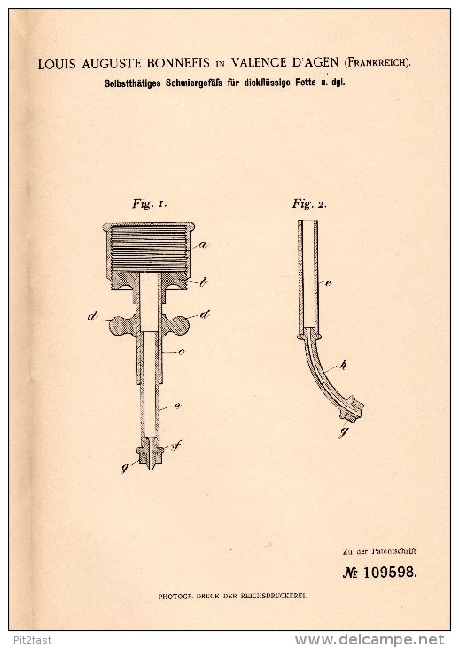 Original Patent -  L.A. Bonnefis Dans Valence D’Agen , 1898 , Graisse Tasse , Génie Mécanique , Tarn-et-Garonne !!! - Historische Dokumente