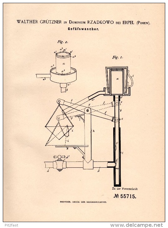 Original Patent -W. Grützner In Dominium Rzadkowo Bei Erpel I. Posen , 1890 , Gefäßwascher , Kolmar !!! - Historische Dokumente