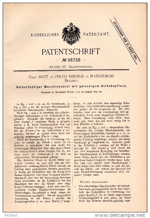 Original Patent - Graf Fritz De Pinto Simonis In Maisonbois , 1890 , Maschinenöler , Maison En Bois !!! - Historische Dokumente