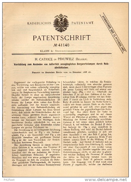 Original Patent - H. Catrice In Peruwelz , 1886 , Apparat Für Bergwerkslampen , Bergbau !!! - Historische Dokumente