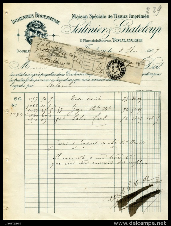 Toulouse, Tissus Imprimés,Salinier, Grateloup, 4 Docs  Indiennes, 1 Reçu De Lacombe, Montauban, Transport, Cachet - Spanien