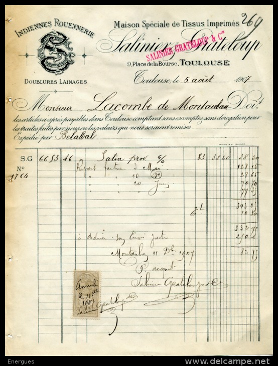 Toulouse, Tissus Imprimés,Salinier, Grateloup, 4 Docs  Indiennes, 1 Reçu De Lacombe, Montauban, Transport, Cachet - Spain