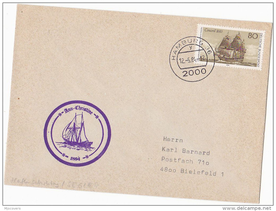 COVER ´ ANN CHRISTINE´ Historic SAILING SHIP Cachet Hamburg GERMANY Stamps - Ships