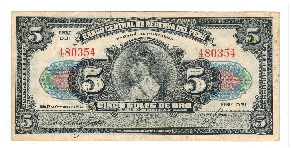 Peru, 5 Soles, 1947, VF/XF, Crisp Note. - Perú